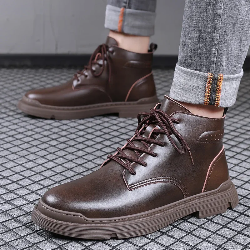 

Black Brown Leather Boots for Man Fashion Casual New Designer Warm Cotton Shoes Male Autumn Winter Platform Boots Shoes Men