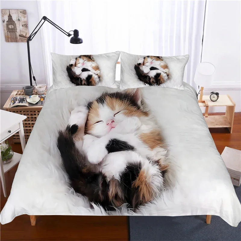 Super süßes Kätzchen-Kinderbettwäsche-Set, Kawaii-Mädchen-Steppdecke, King-Size-Bett, niedliches Katzentier, 3-teilig, Polyester-Bettbezug (kein Blatt) – Detail 16