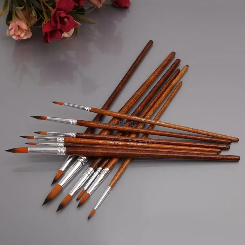 H8WA 12Pcs 아티스트 페인트 브러시 세트 나일론 헤어 아크릴 수채화 라운드 뾰족한 팁