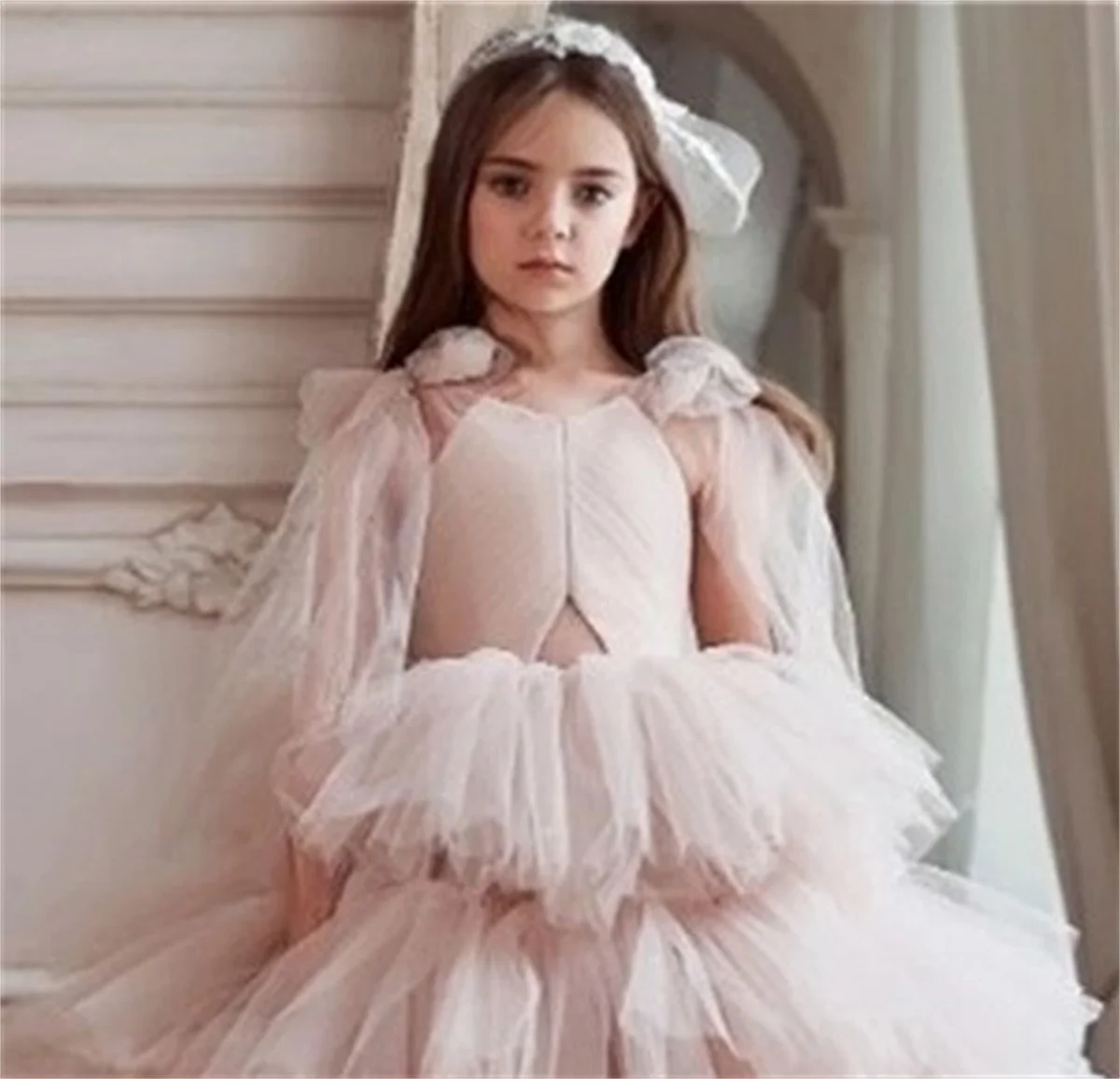 

Pink Fluffy Tulle Bow Strap Flower Girl Dress First Wedding Bridesmaid Birthday Banquet Sacrament Customized Dress