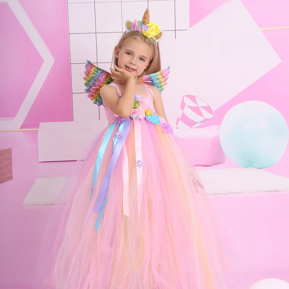 Rainbow Tutu Flower Girl Unicorn Dress Pastel Rainbow Unicorn