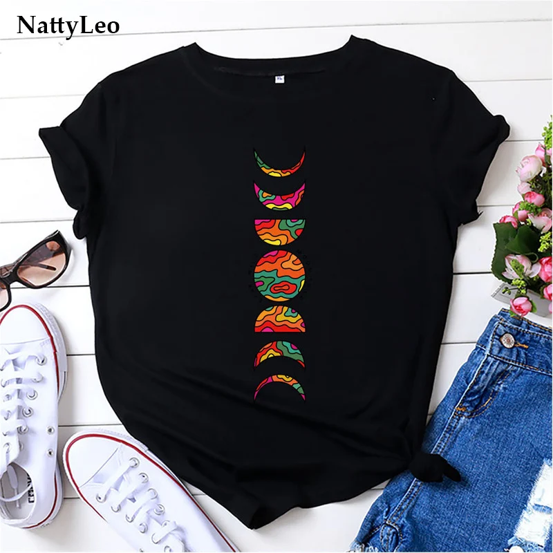 

Summer Oversized Black T Shirt Women Tshirt New Moons Print T-Shirt O Neck Short Sleeve 100%Cotton Female Top Graphic Tees
