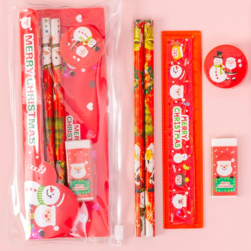 1 Set /5pcs Christmas Gift Stationery Set Pencil Eraser Pencil Sharpener Ruler Student Writing Instruments Kids School Supplies