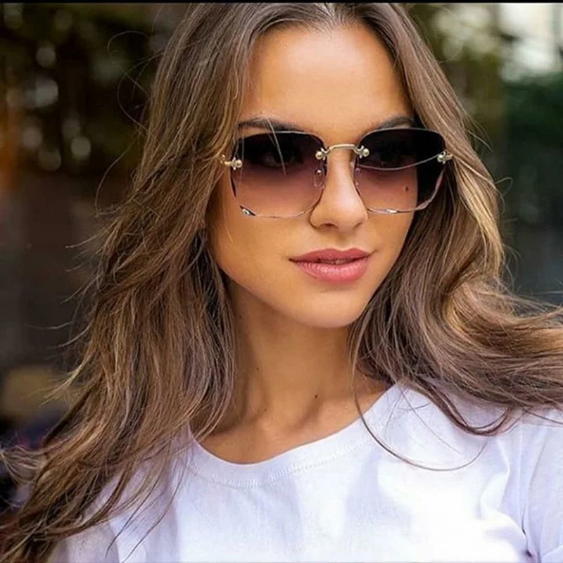 Korean Fashion Large Square Frame Rimless Sunglasses UV400 For Women Modern Gradient Sun Glasses Summer Outdoor Travel_voghion.com