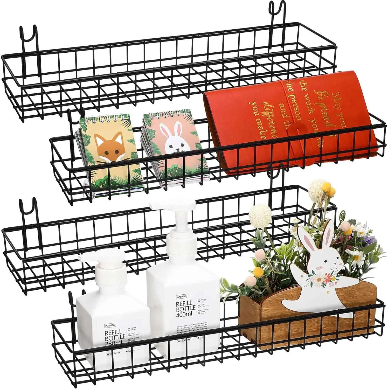 Metal Wall Basket Grid Shelf Organizer for Kitchen Display (Black, 15.75 x 3.94 x 1.97 Inch)