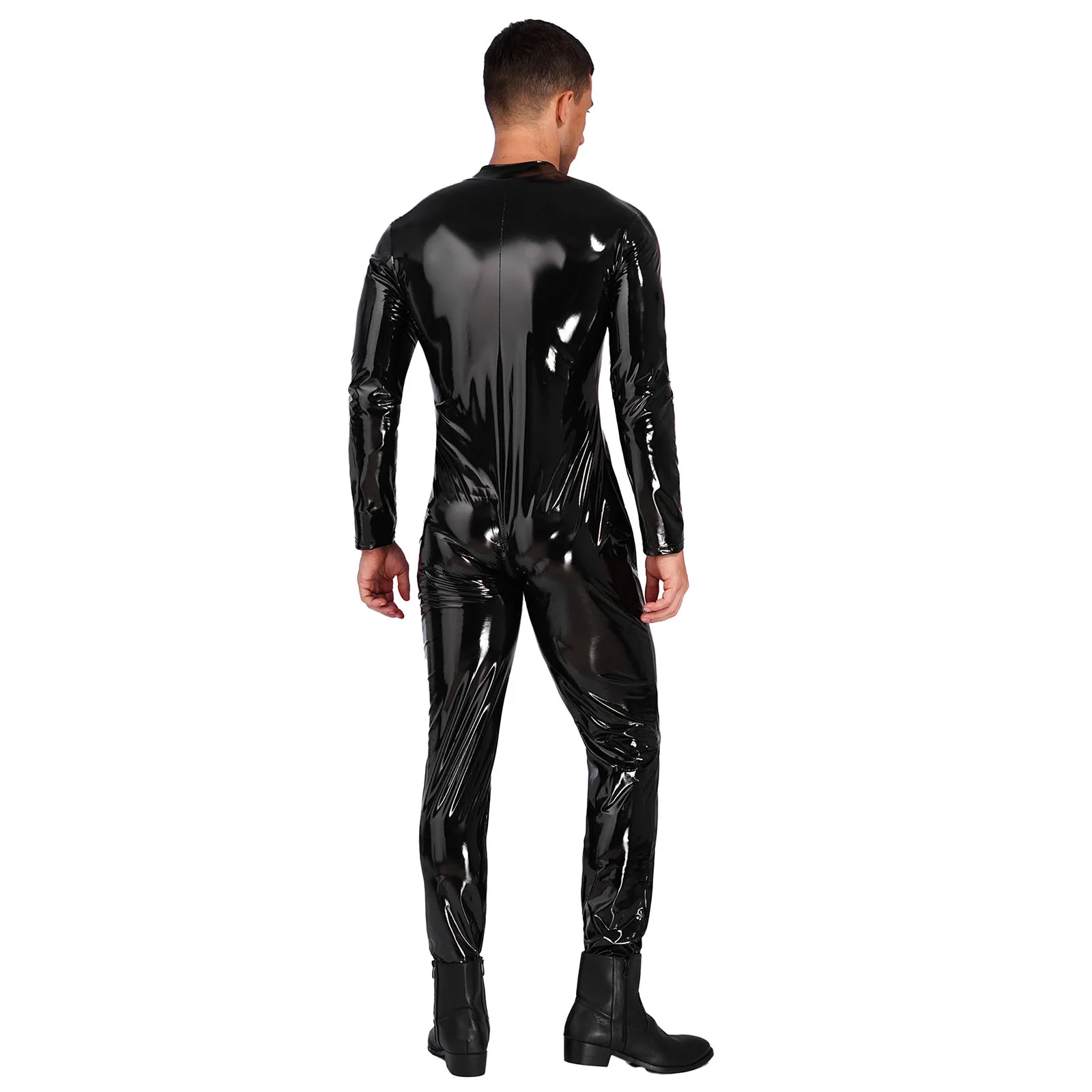 Mens Patent Leather Bodysuit Full-body Zipper Crotch Jumpsuit Stand Neck Long Sleeve Catsuit Party Clubwear Wet Look Punk Show 3