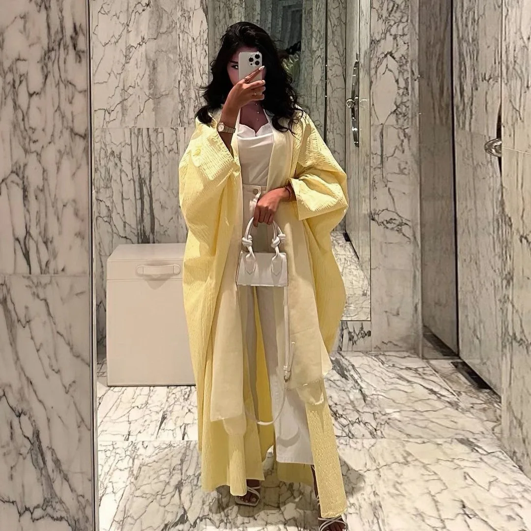 Yellow Abayas for Women 2025 Modest Muslim Dress Kimono Open Abaya Dubai Kaftan Turkey Robe Eid Djellaba Islamic Jalabiya Caftan 2