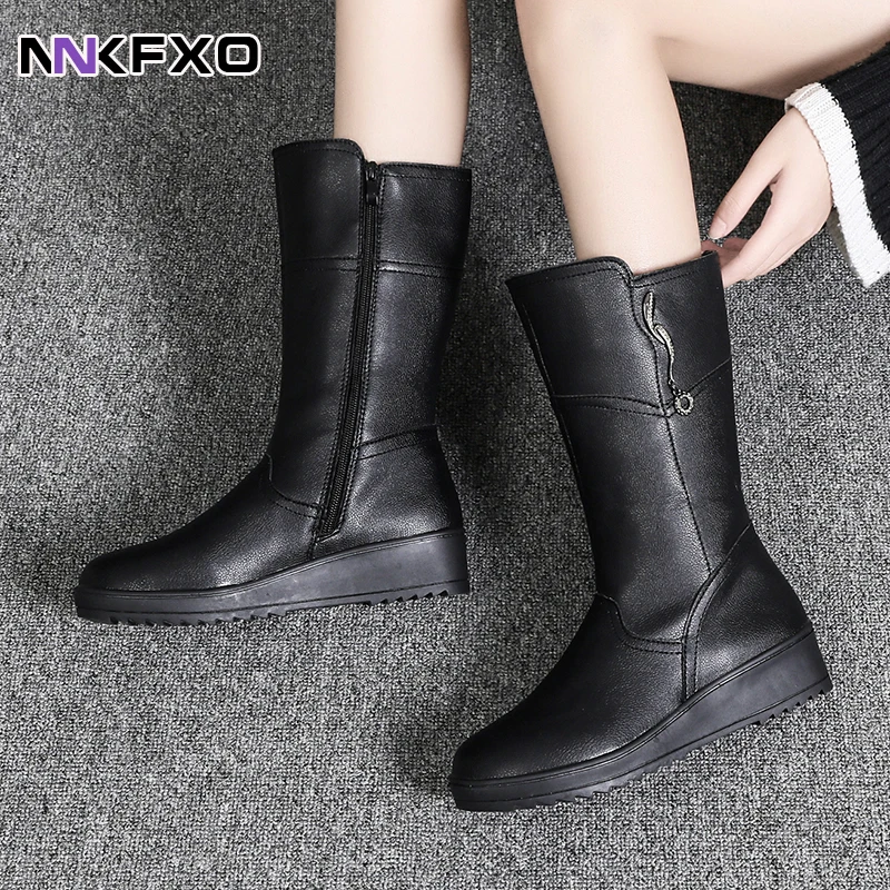 

Classic Black Women's Mid-Calf Boots Fashion Versatile Autumn Winter Boots Female Round Toe Flat Boots PU Leather Boots QB244