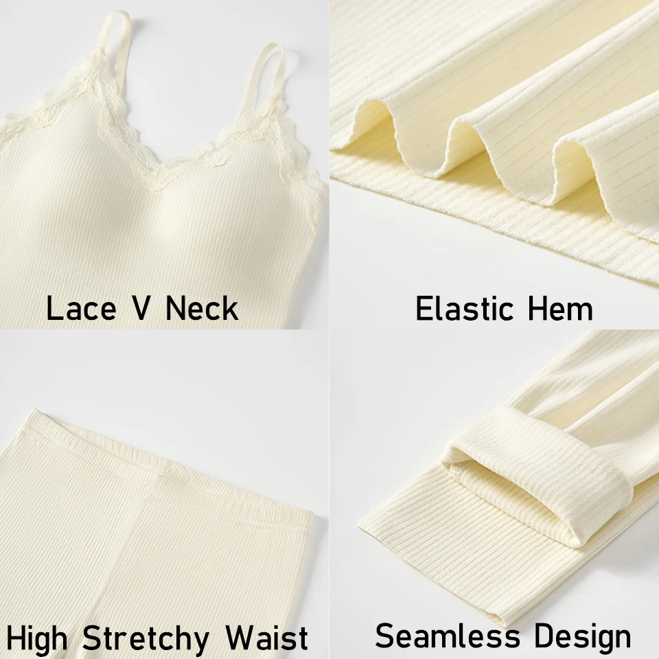 Fleece Lined Long Johns Solid Thermal Underwear Sets Winter Women Clothes Warm Lingerie Camisole Long Trousers 2pcs Thermal Set