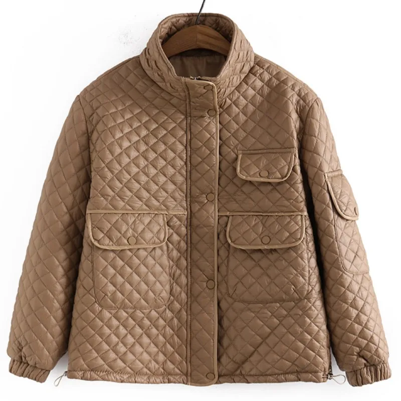 

4XL Plus Size Parkas Women Winter Clothing 2022 Autumn Loose Fit Padded Jacket VINTAGE Pocket Argyle Stand Collar Keep Warm Coat
