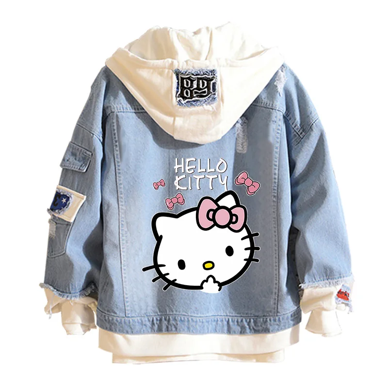 Anime MINISO Denim Bomber Jacket Hello Kitty Hooded Jeans
