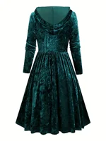 European and American fashion retro style large-sized velvet imitation button hooded dress with pleated sleeves A-line dress - Image 2