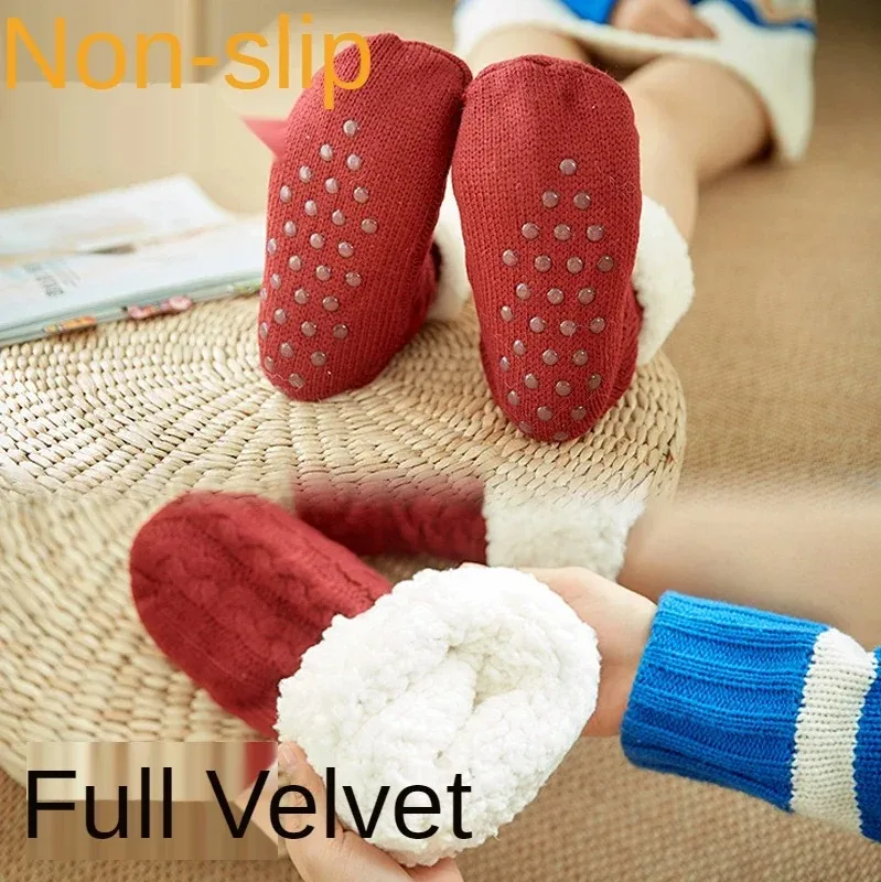 Women's Warm Solid Color Floor Socks Non Slip Plush Knitted Coral Fleece Socks No Show