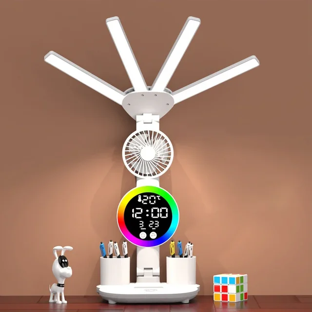 Rechargeable Table Lamp for Study, Desk Lamp Reading Light Led Table Light with Fan, Led Clock Dispaly Reading Lamp 2