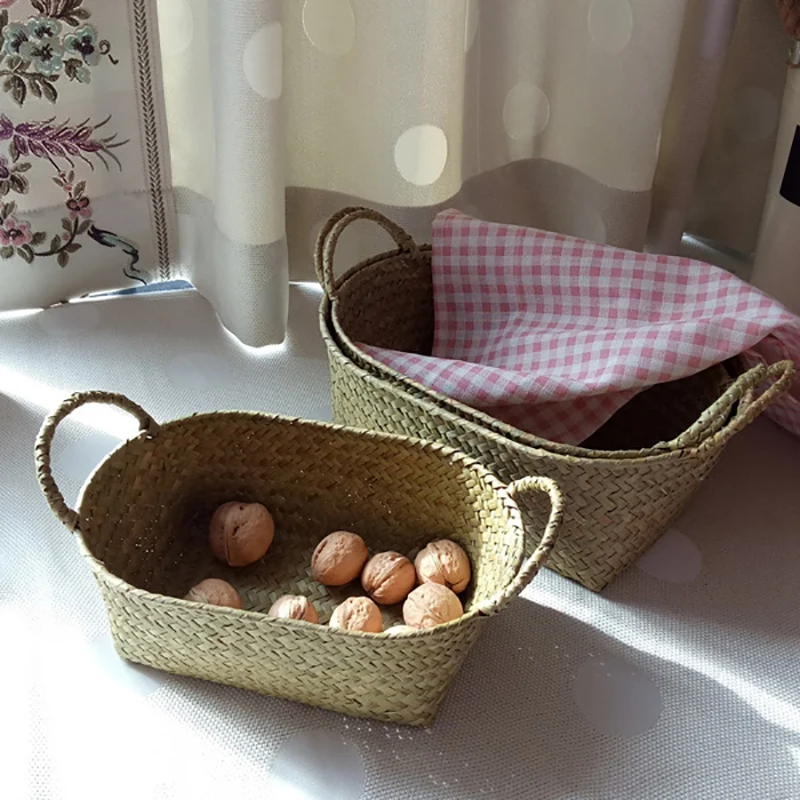 Handmade Woven Storage Basket Straw Food Container Makeup Organizer Rattan Breadfruit Case Holder 2