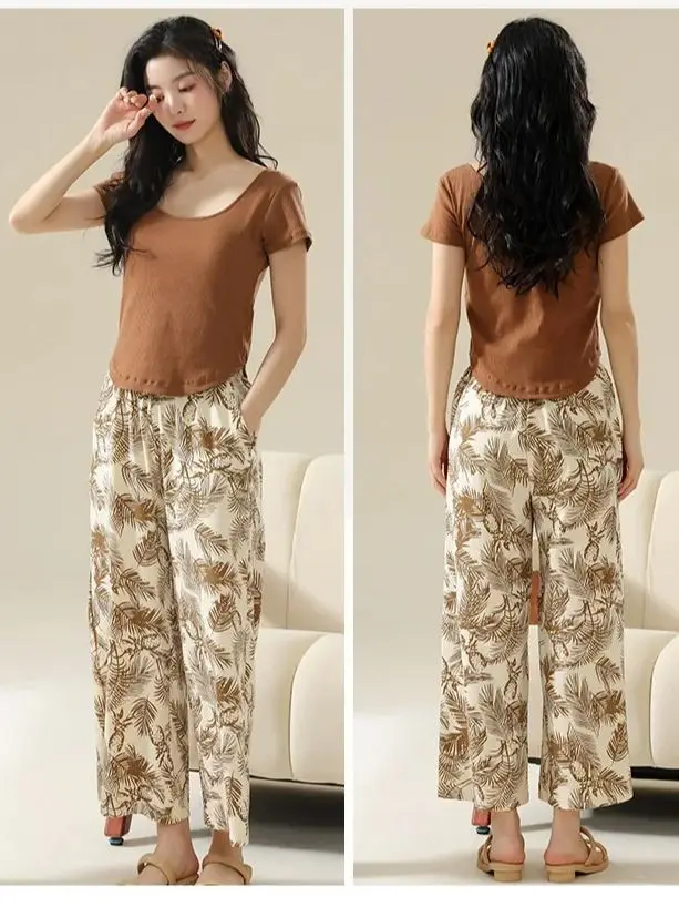 Women's Pajamas With Chest Bar Pads Spring and Summer Short Sleeves Long Pants Ice Silk Can Be Worn Outside Print Soft Slim