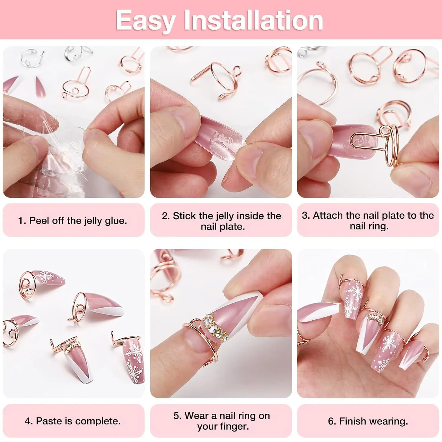 10x Fingernail Rings Halal Nail Rings Set Non Tarnish,Removable,Girl,Size Adjustable for Press on Nails Daily Wear No Glue 4