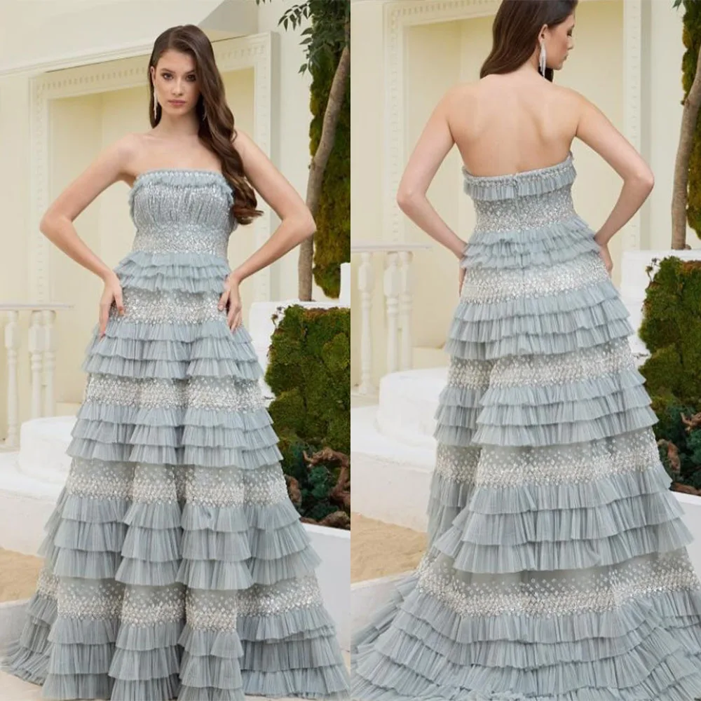 Beaded Sweetheart Neck Tiered Sweep Train Dress Lemon main image 0