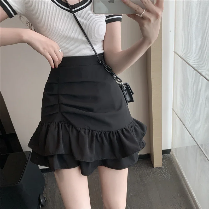 women high waist ruffles pleated bodycon skirts female pink black summer all match folds irregular slim a line cake mini skirt Female Pink Black Summer All-match Folds Irregular Slim A-line Cake Mini Skirt Women High Waist Ruffles Pleated Bodycon Skirts