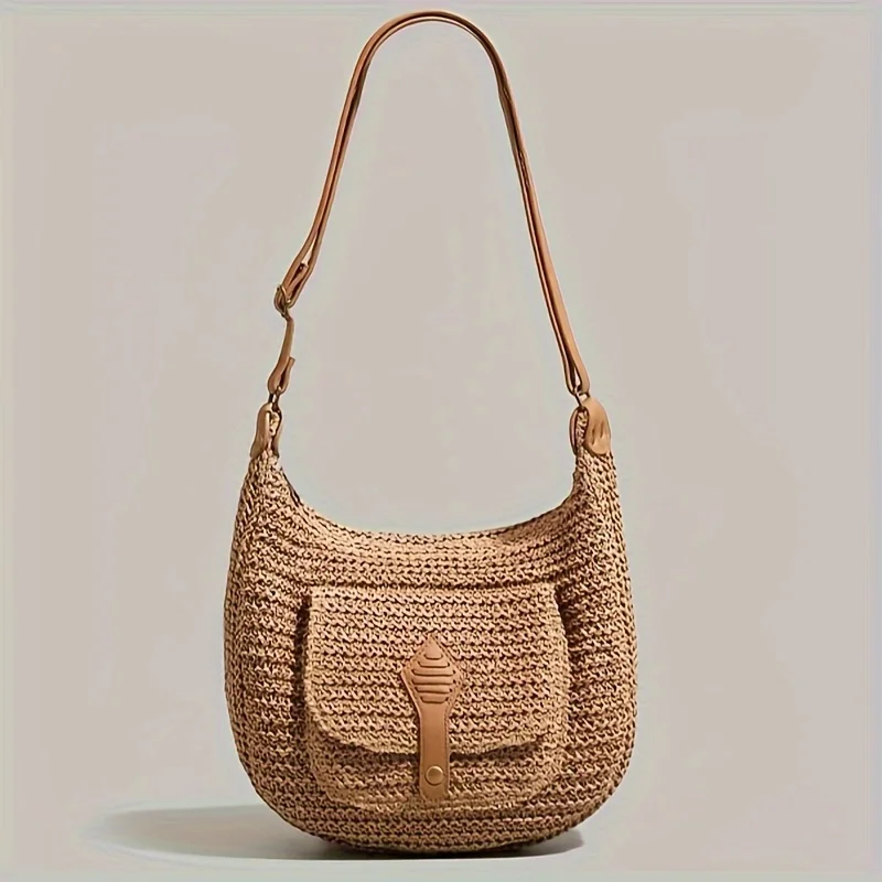 Women's Fashion Large Capacity Woven Straw Crossbody Bag, Saddle Dumpling Shape Hobo Satchel, Ideal for Vacation Travel Shopping