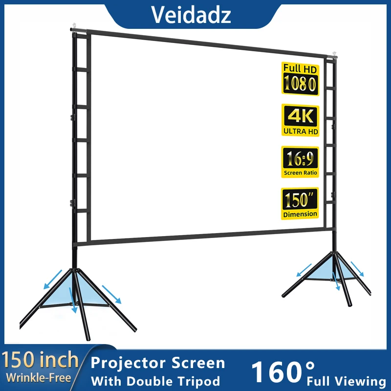 VEIDADZ Projector Screen With Stand White Wrinkle-Free 160° Viewing Angle 60-150 inch Double Sided Screen Home Theater Outdoor