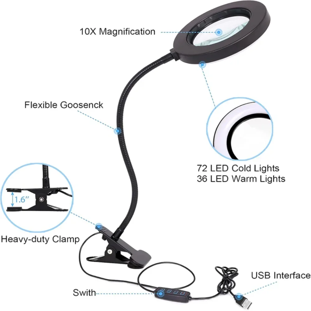 3가지 색상 모드가 있는 10배율 돋보기 LED 조명 데스크 램프, 금속 클램프와 유연한 구즈넥 확대경, 독서 및 네일 아트용