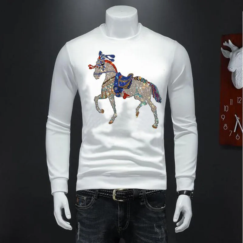 

2022 Fashion Men Long Tshirts Rhinestones Horse Clothes Streetwear Casual Slim Fit Oversized