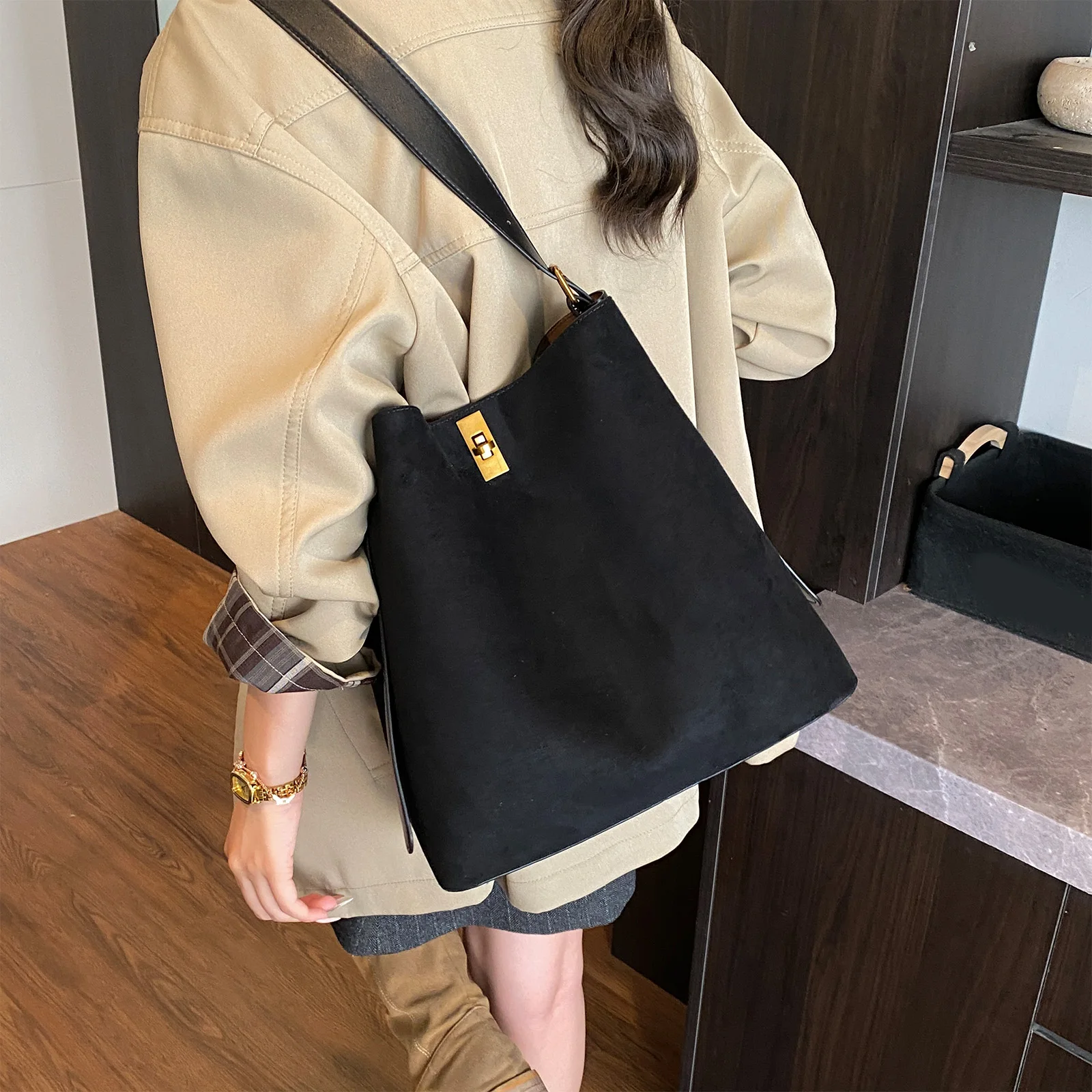 Faux Suede Retro Bucket Shoulder Bag Large Capacity Frosted Crossbody Bag Trendy Underarm Bag Travel Date Work Armpit Bag
