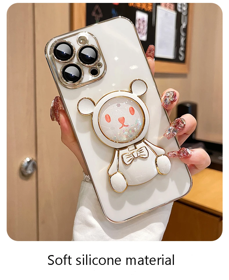 Coque de téléphone avec support de téléphone, miroir de sable mouvant, ours mignon, pour iPhone 14 11 12 13 Pro Mini 8 7 6 6S Plus 10 X Xr Xs Max Se_voghion.com
