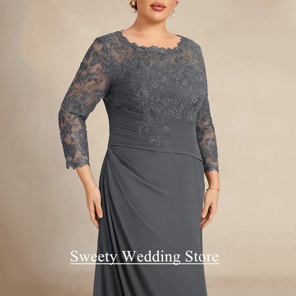 Grey Mother of Bride Dress Plus Size Scoop 3/4 Sleeves Pleat Applique Chiffon A Line Wedding Guest Gown