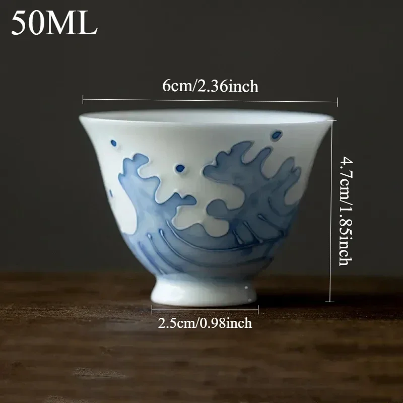 1 Pc Chinese Handmade Ceramic Teacup Travel Personal Meditation Cup Hand Painted Wave Porcelain Tea Bowl Household Tea Set