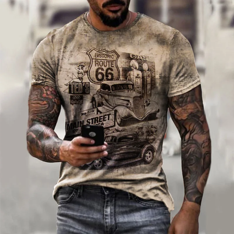 

2023 New Ccol America Route 66 Retro 3D Letter Printing Men's T-shirt Short-Sleeved O-Neck Summer Street Fashion Vintage Tops