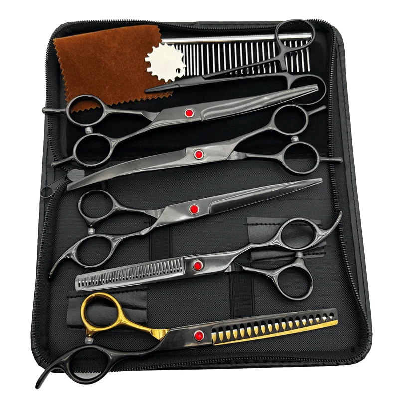 7.5 Inch Pet Scissors Kit,Straight Cut Thinning Scissors  And Curved Scissor Fish Bone Shears Dog Grooming Scissors Set