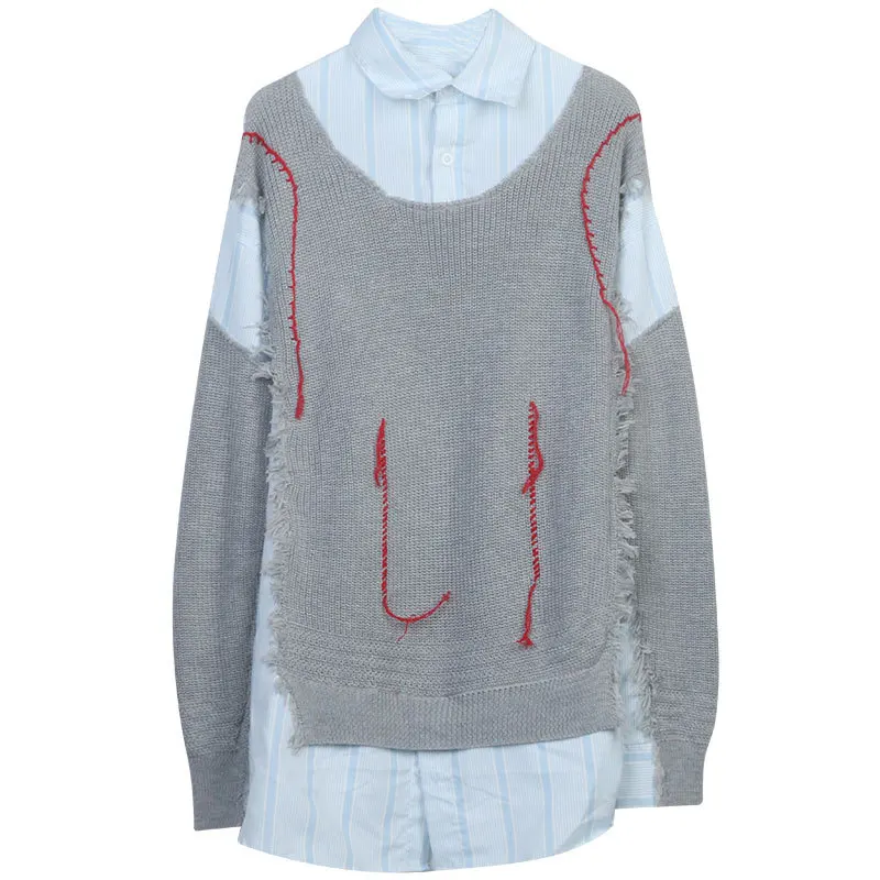 

Elegant Broken Patchwork Striped Sweater For Women Lapel Long Sleeve Loose Black Emo Designer Casual Sweaters Female Clothing
