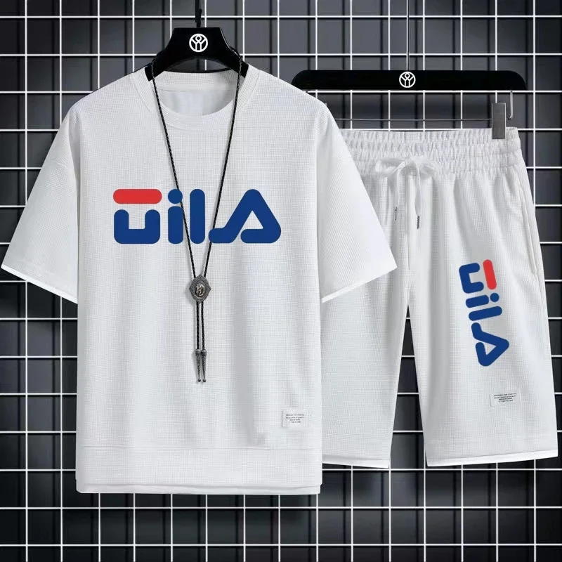 

Men's New Man Tracksuits 2 Piece Short Sleeve Suits Printing T-shirt +Sweatpants Sets Sutdent Casual Summer Sport Clothes