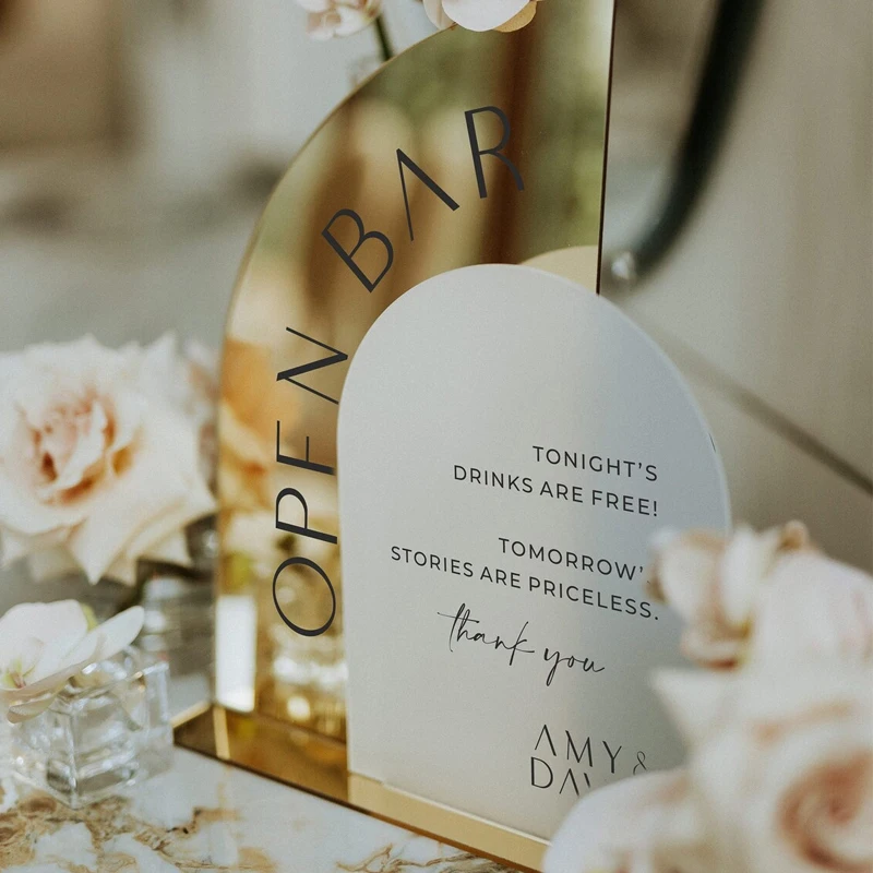 Frosted Arched Gold Mirror Acrylic Bar Sign,Wedding Open Bar Sign,Wedding Table Decoration,Welcome Sign with bases,Gold Mirror