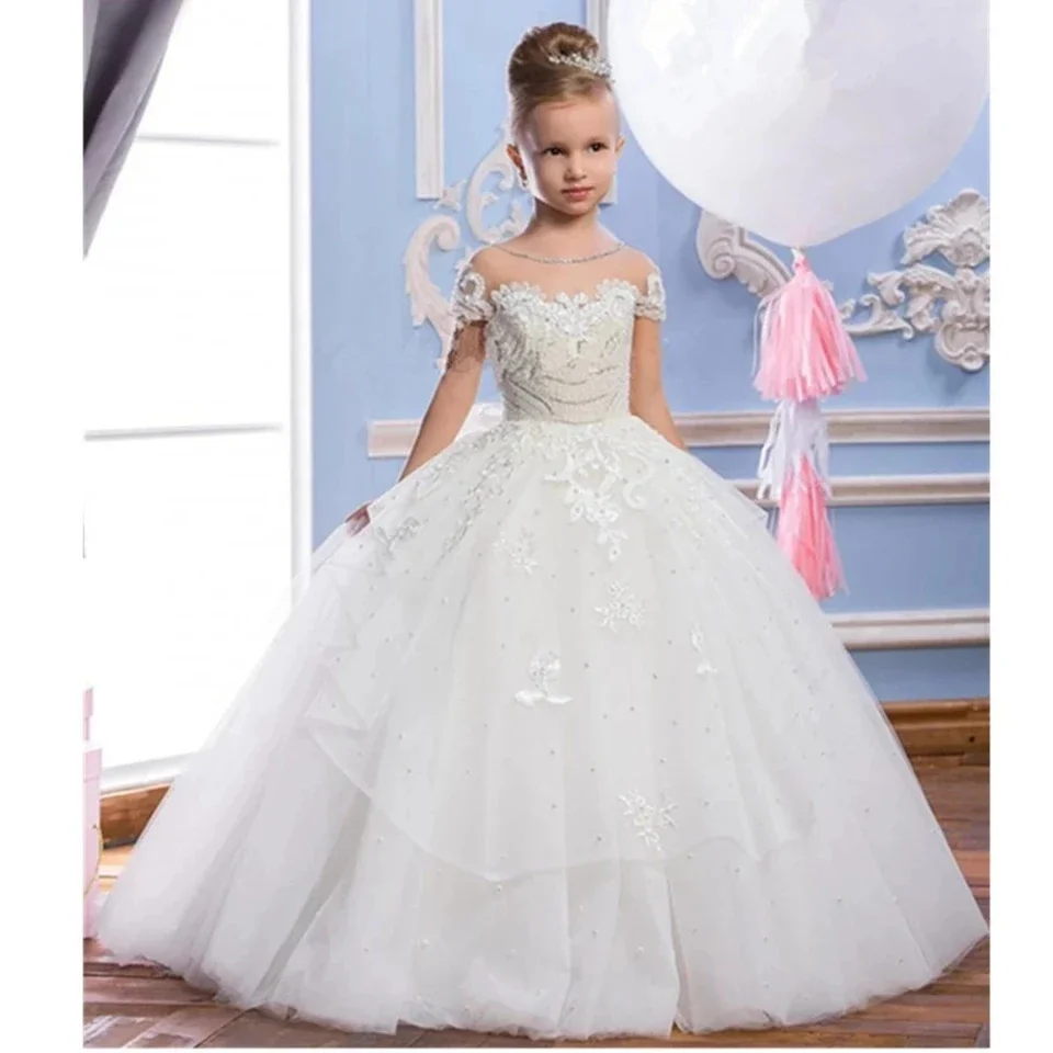 

White Flower Girl Dress For Wedding Pearls Tulle Puffy Applique With Bow Elegant Child First Eucharistic Birthday Party Dresses