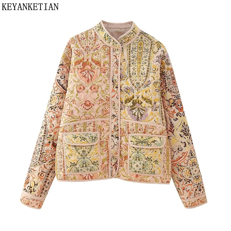 

KEYANKETIAN Autumn/Winter New Pastoral floral print Women's Vintage Cropped Parkas Coat Double Pockets Quilting Thick Warm Top