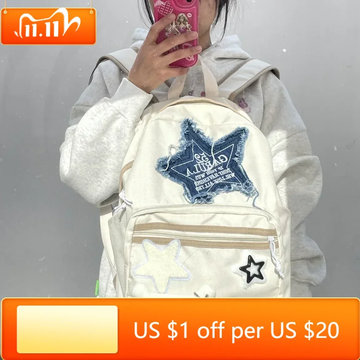 

Женский рюкзак Y2K из джинсовой ткани, Белая школьная сумка с рисунком звезд, рюкзак для подростков в форме кости, вместительный рюкзак с Вышивкой Букв, новинка