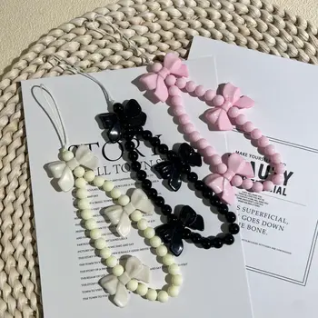 1pc Charm Bowknot Mobile Phone Chains For Women Girls Telephone Charm Strap Pink Black Acrylic Pearl Beaded Lanyard Jewelry Gift 1