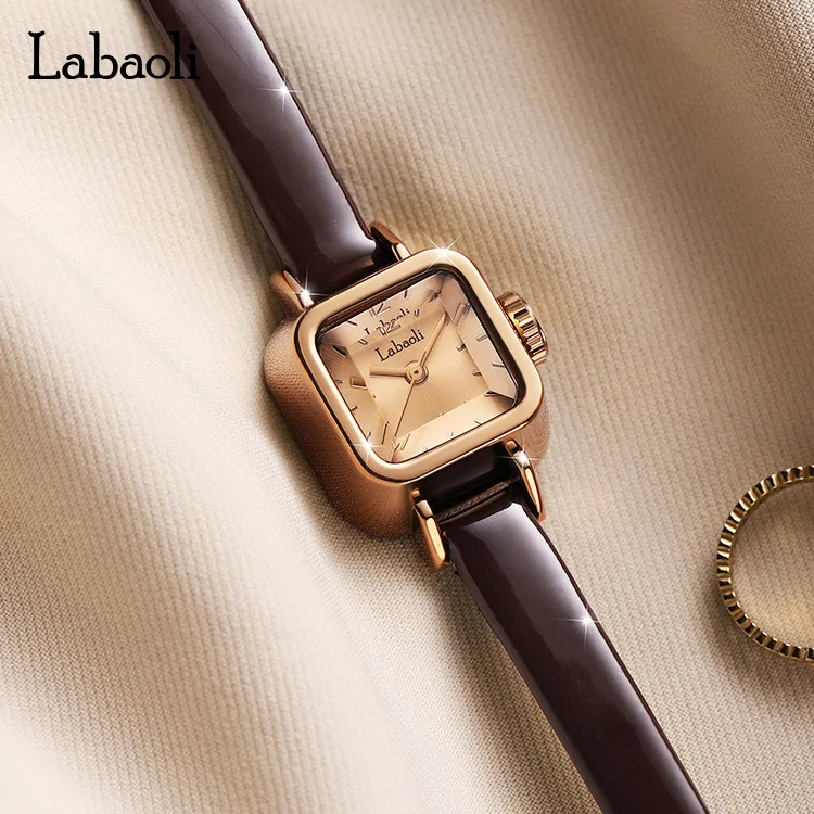 LABAOL Square Classical Women Writst Watches Leather Minimalist Ladies Quartz Watches Rose Gold Small Square Dial Elegant Design