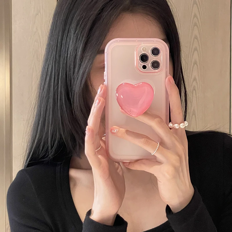Pink Love Heart Jelly Stand Holder Soft Case - Clear Protective Back Cover