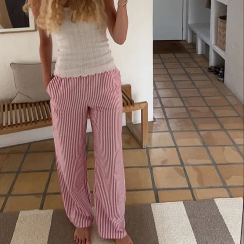 Pantalones anchos a rayas de moda elegante para mujer, ropa de calle coreana, informales, con cordón, de cintura alta, sueltos, rectos, largos, ropa de estar por casa