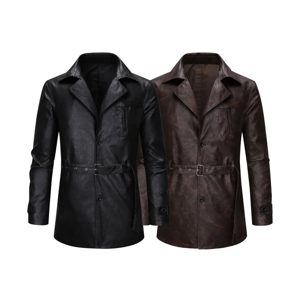 Cool Trendy Mid to Long Length Leather Jacket Men's Slim Fit
