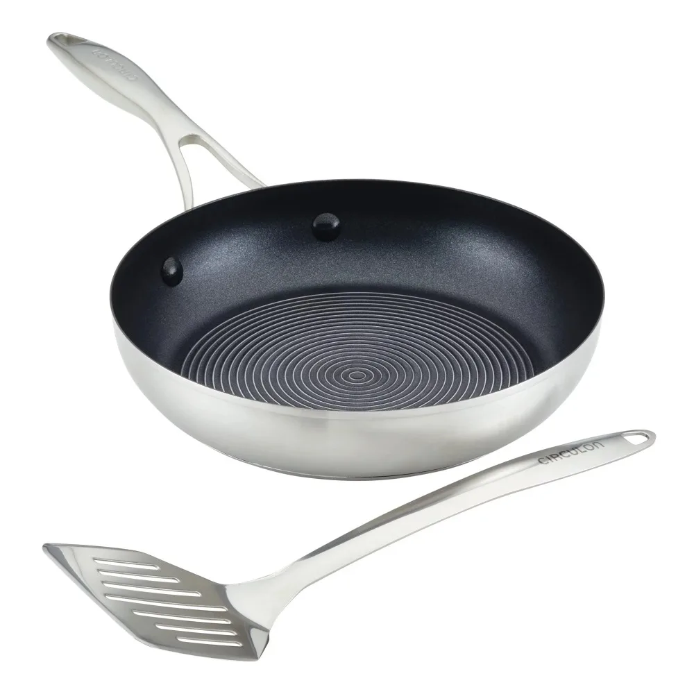 

Stainless Steel Frying Pan with SteelShield Hybrid Stainless and Nonstick Technology and Spatula 9.5 Inch Silver