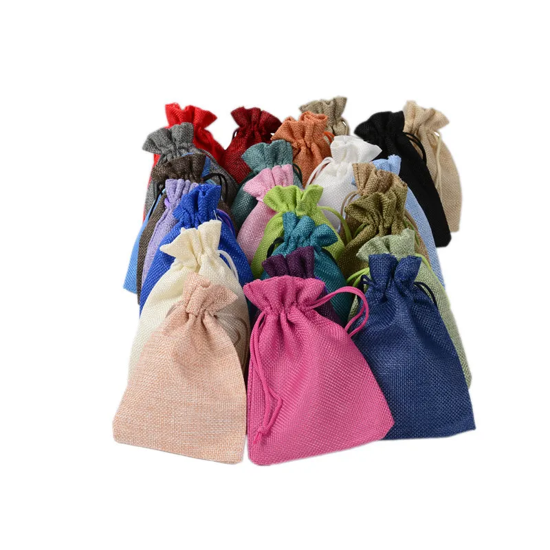 

Hot sale (4 size) 100PCS Linen Jute Drawstring Pouch Cotton Mix Color Packages for Packaging Gift Wedding Christmas Candy Bags