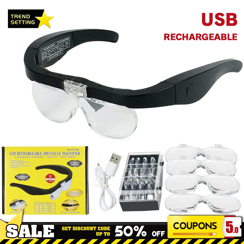 

Magnifying Glasses Magnifier1.5X 2.5X 3.5X 5.0X USB Rechargeable With LED Light For Reading Jewelers Watchmaker Repair Wearing