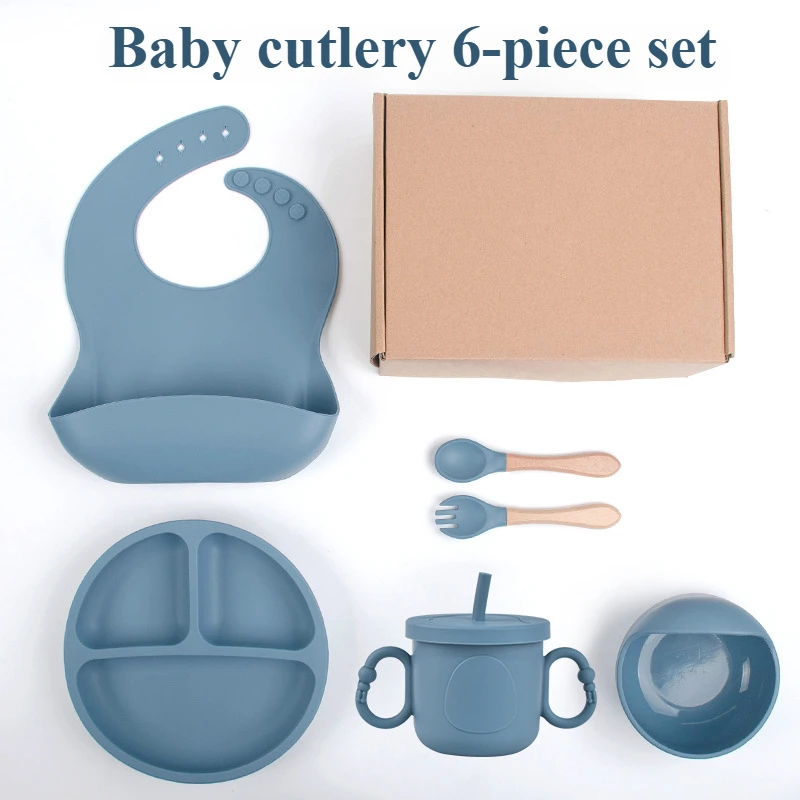 Zackoo 6PCS Silicone Children Tableware Sucker Bowl Dishes Kids Waterproof Bib Children's Tableware Straw Cup Baby Feeding Set