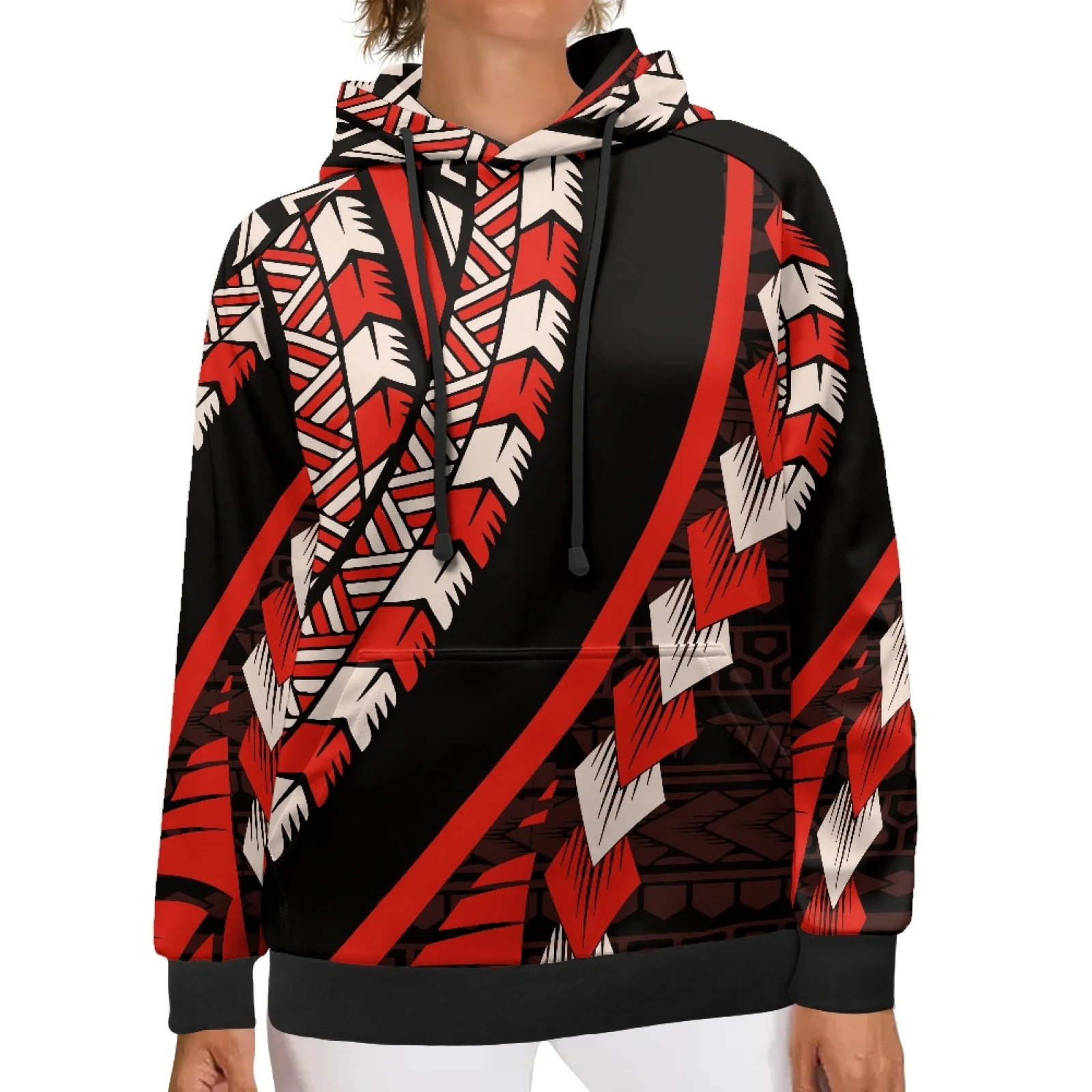 

Polynesian Tribal Pohnpei Red Totem Tattoo Print Oversize Hooded Womens Clothing Spring Autumn Sweatshirts All-match Streetwears