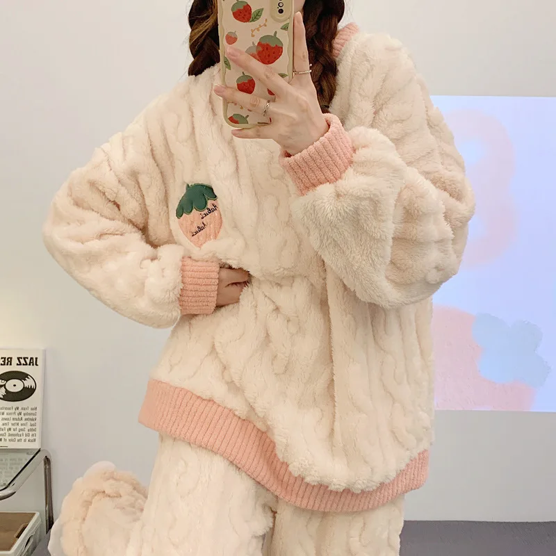 Autumn Winter Women's Pajamas Cute Cartoon Printed Sleepwear Casual Home Wear Set Girl Knitted Size M-2XL Pijamas Fashion Pyjama